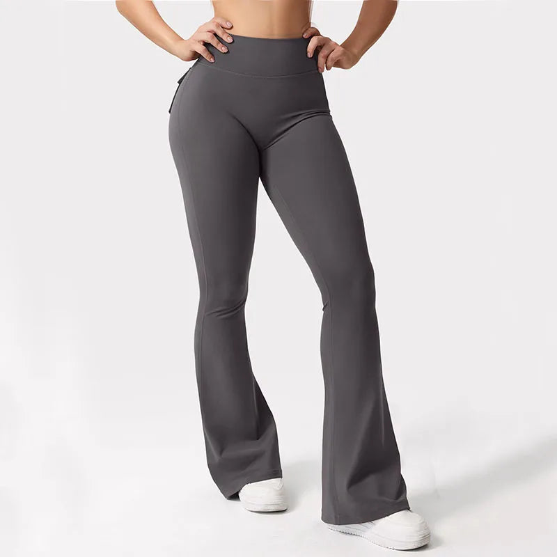 Women's Yoga Flare Trousers High-Waisted Tummy-Control Wide-Leg Pockets