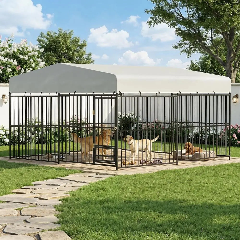Heavy-Duty Outdoor Dog Kennel With Waterproof Cover And Rotating Bowls