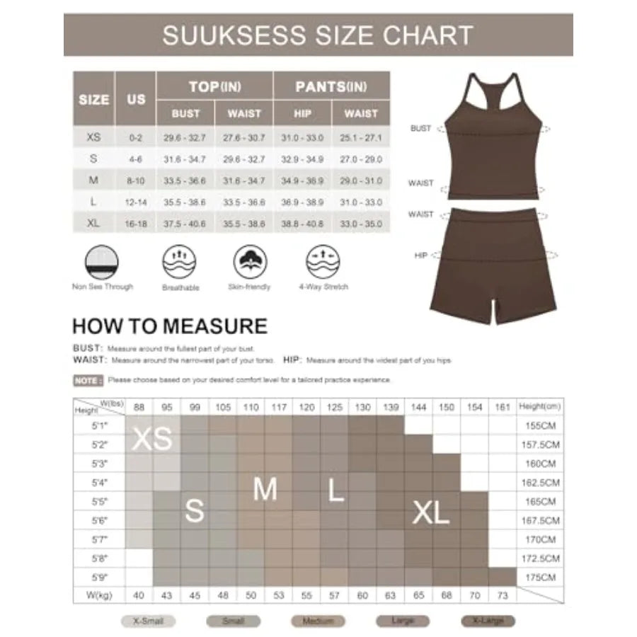 Women Two Piece Workout Set BuiltInBra Pockets Shorts TankTop