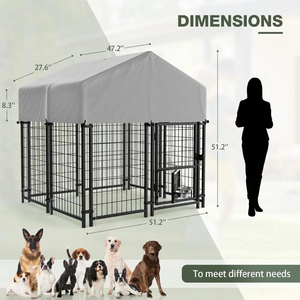 Sturdy Steel Outdoor Kennel With Lockable Door And Rotating Bowls
