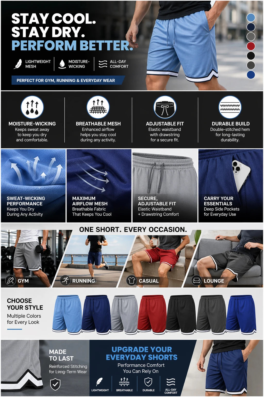 Mens Lightweight Breathable Moisture Wicking Mesh Shorts With Pockets