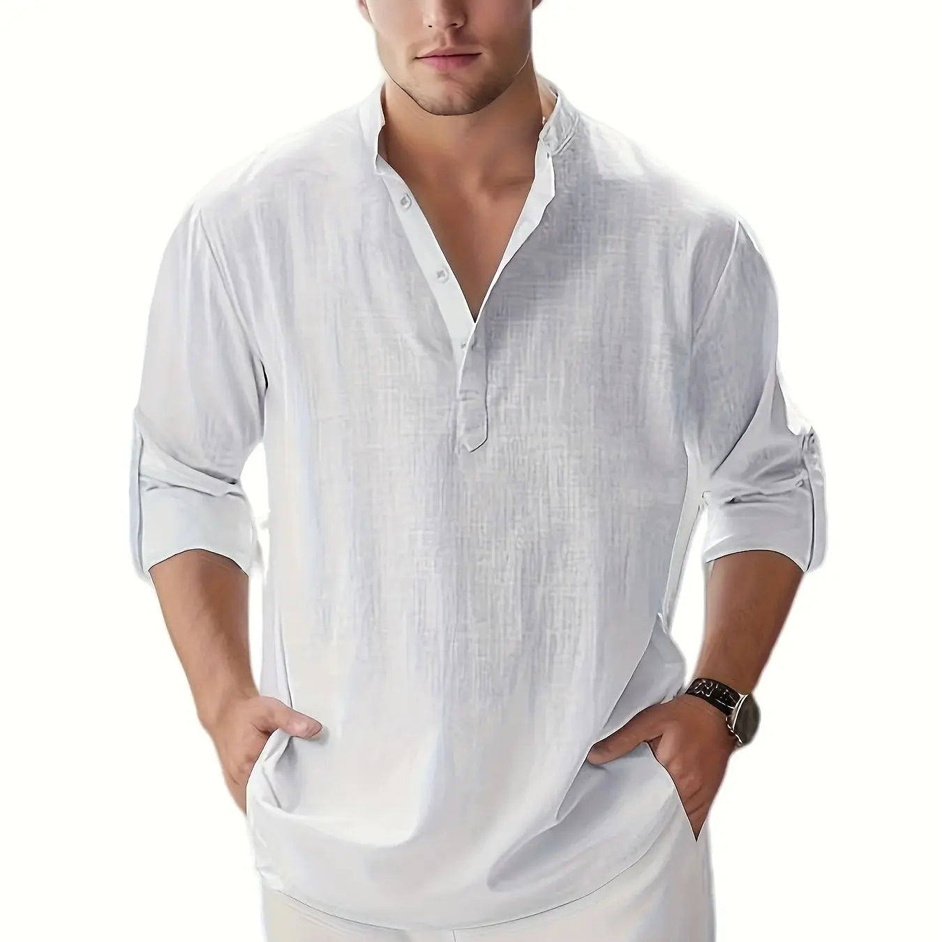 Men's Linen Stand Collar Long Sleeve Cotton Linen Shirt