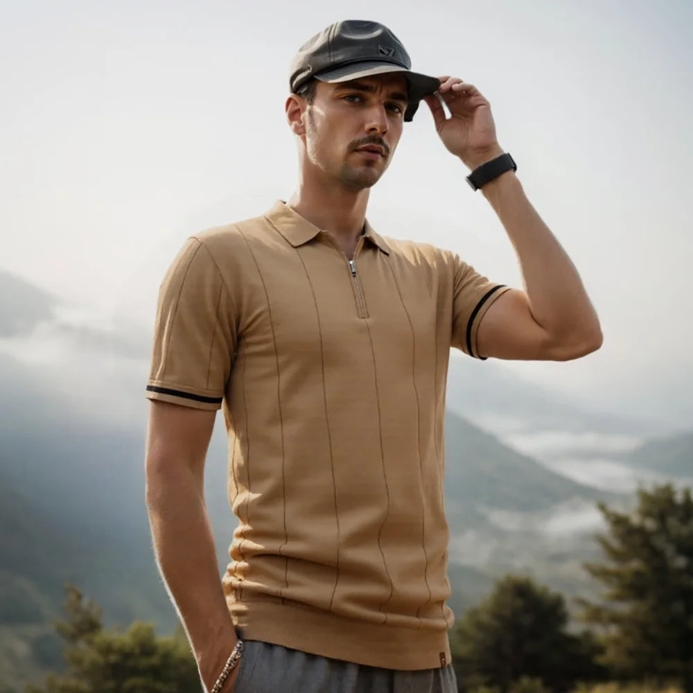 AIOPESON Mens Zipper Polo Shirt Slim Fit Sport Office Wear