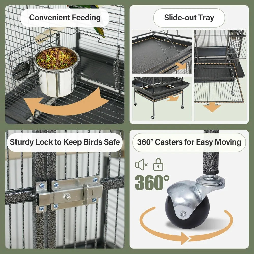 Wrought Iron Playtop Bird Cage With Rolling Stand For Parrots