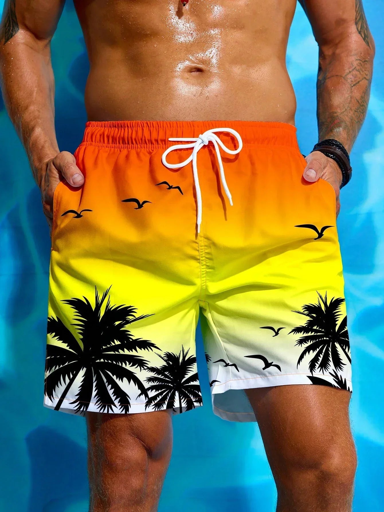 Summer Vacation Palm Tree Print Drawstring Board Shorts Breathable Streetwear