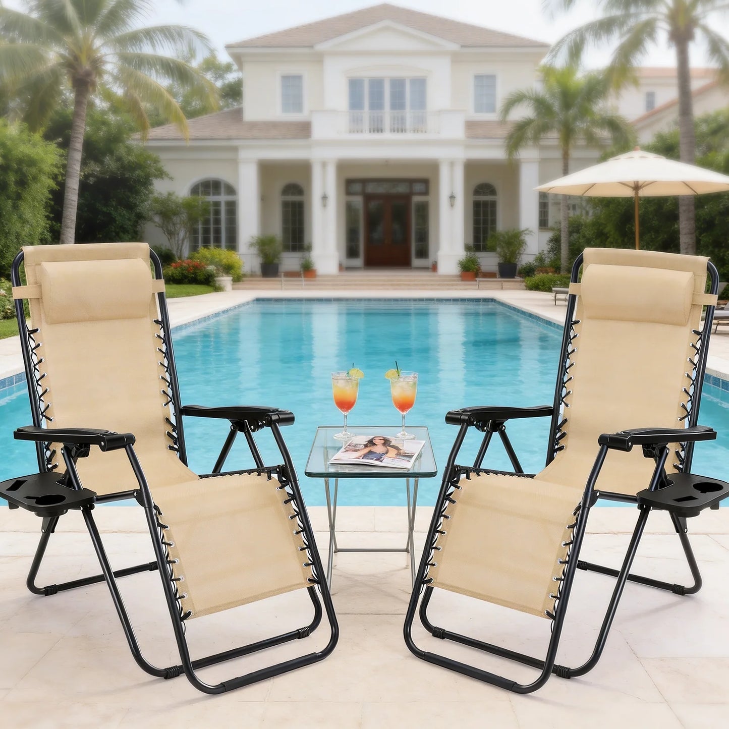 JHK Portable Zero Gravity Recliner Chairs Set of 2 With Cup Holder Trays