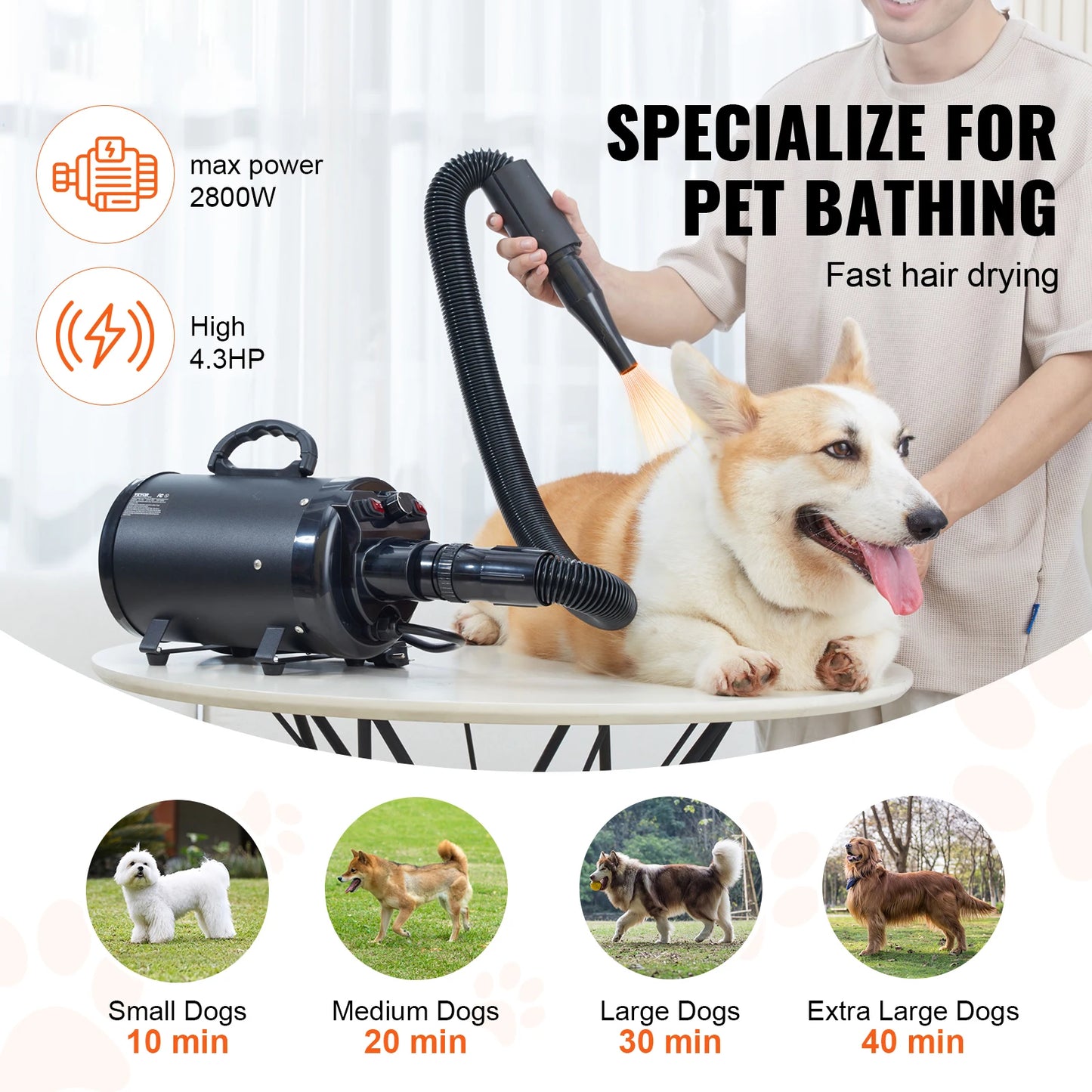 SucceBuy 2000W Dog Hair Dryer With Adjustable Speed Nozzles