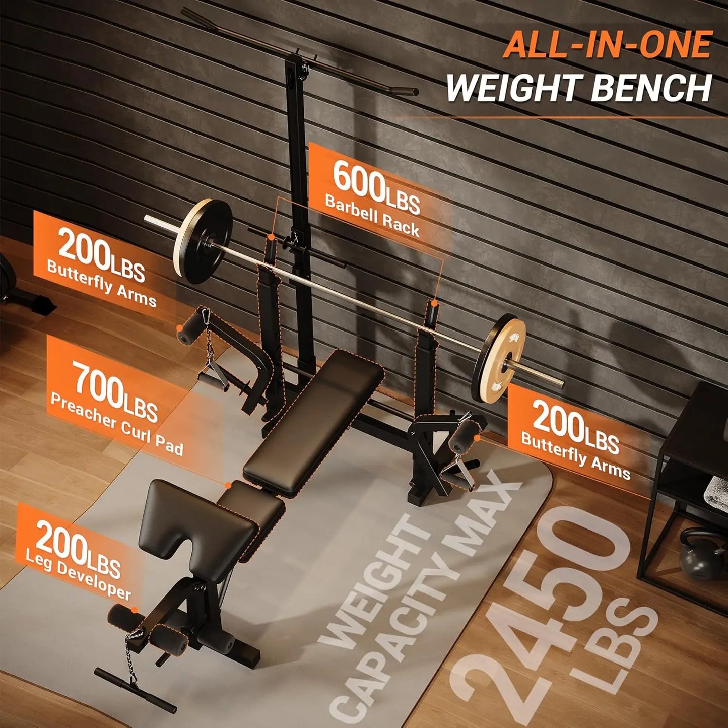 HiMISS 7 In 1 Weight Bench Set With Leg Extension Curl Preacher Curl Squat Rack