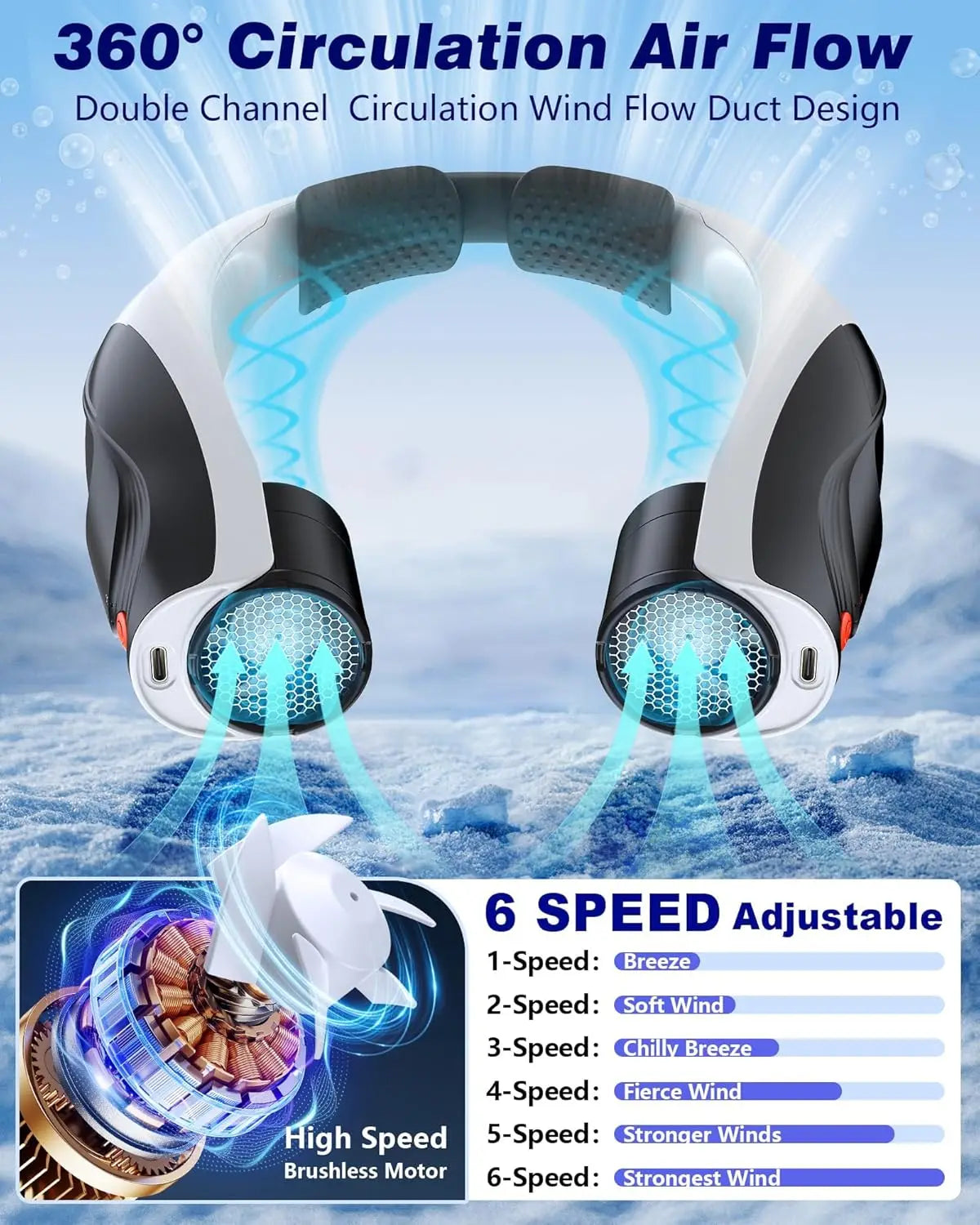 Portable Neck Fan 6 Speeds 6000mAh USB C Rechargeable Quiet