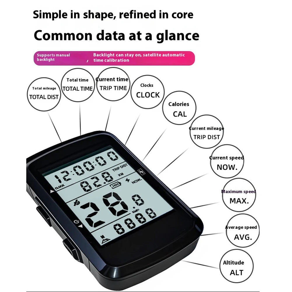 Wireless Bicycle Computer 2.4 Inch Screen GPS Bike Speedometer with Backlight Digital Stopwatch Rechargeable for Outdoor Cycling