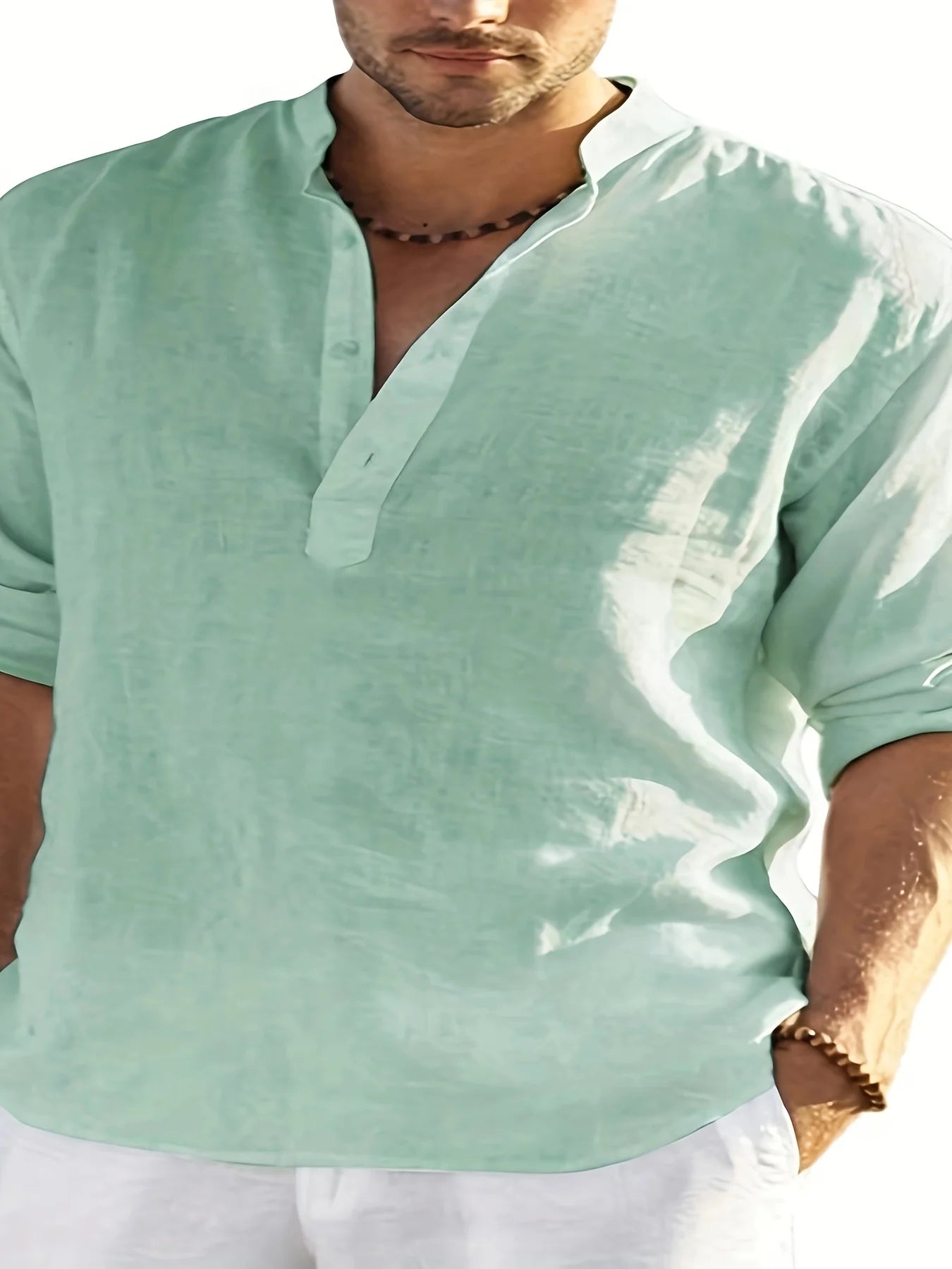 Men's Linen Stand Collar Long Sleeve Cotton Linen Shirt
