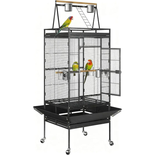 Wrought Iron Playtop Bird Cage With Rolling Stand For Parrots