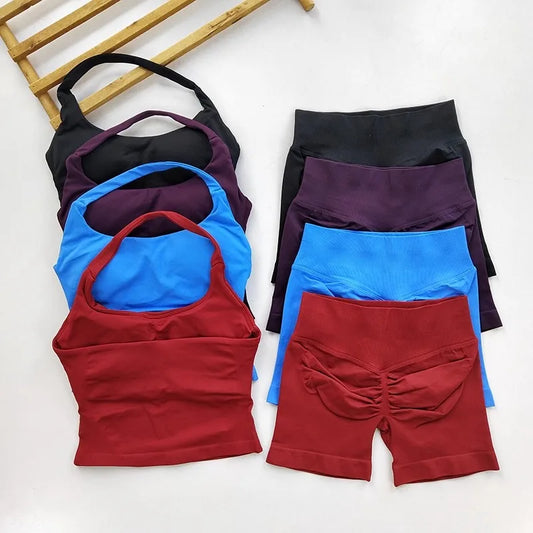 SKINOFSKIN Yoga 2-Piece Set Women Seamless Backless Halter Top Shorts