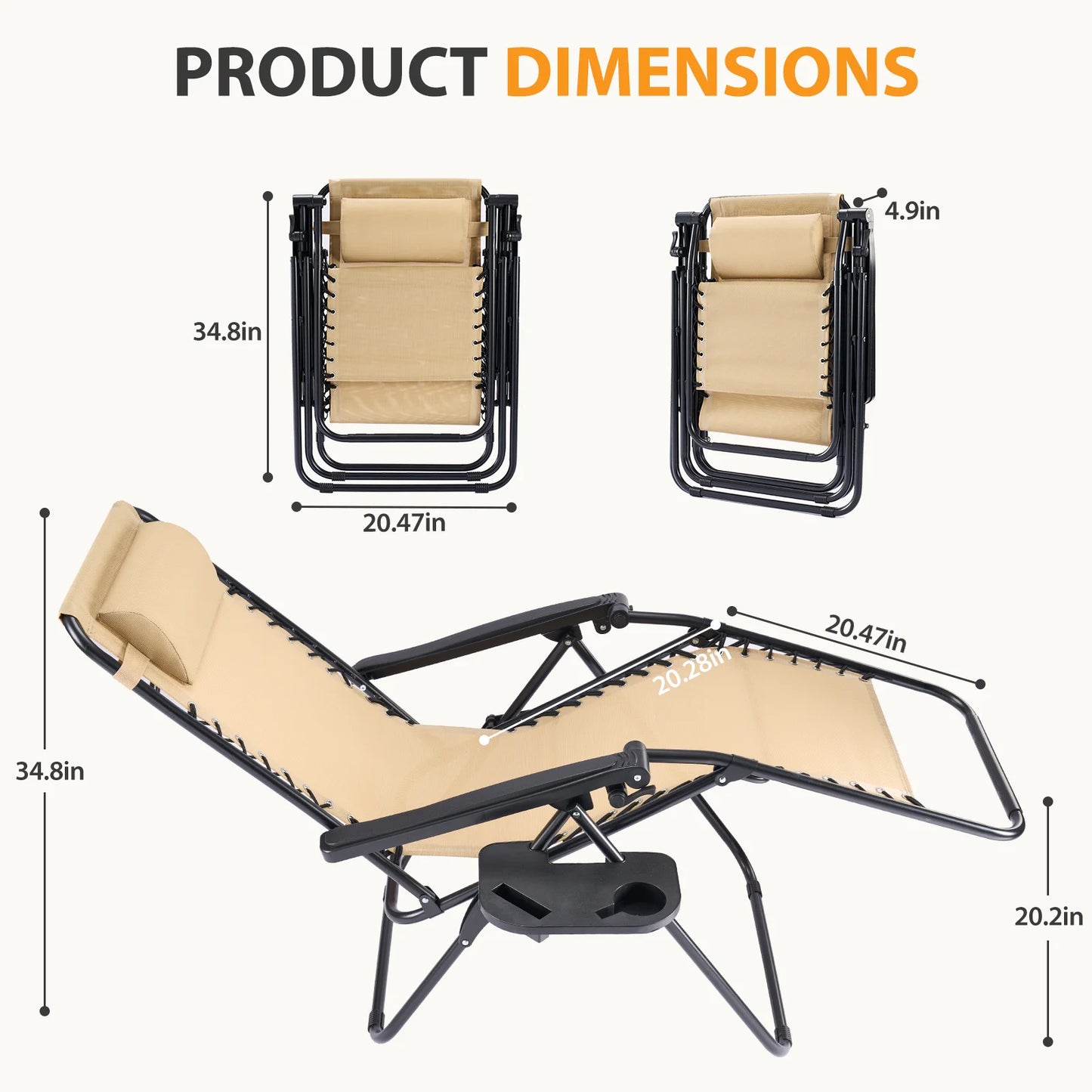 JHK Portable Zero Gravity Recliner Chairs Set of 2 With Cup Holder Trays