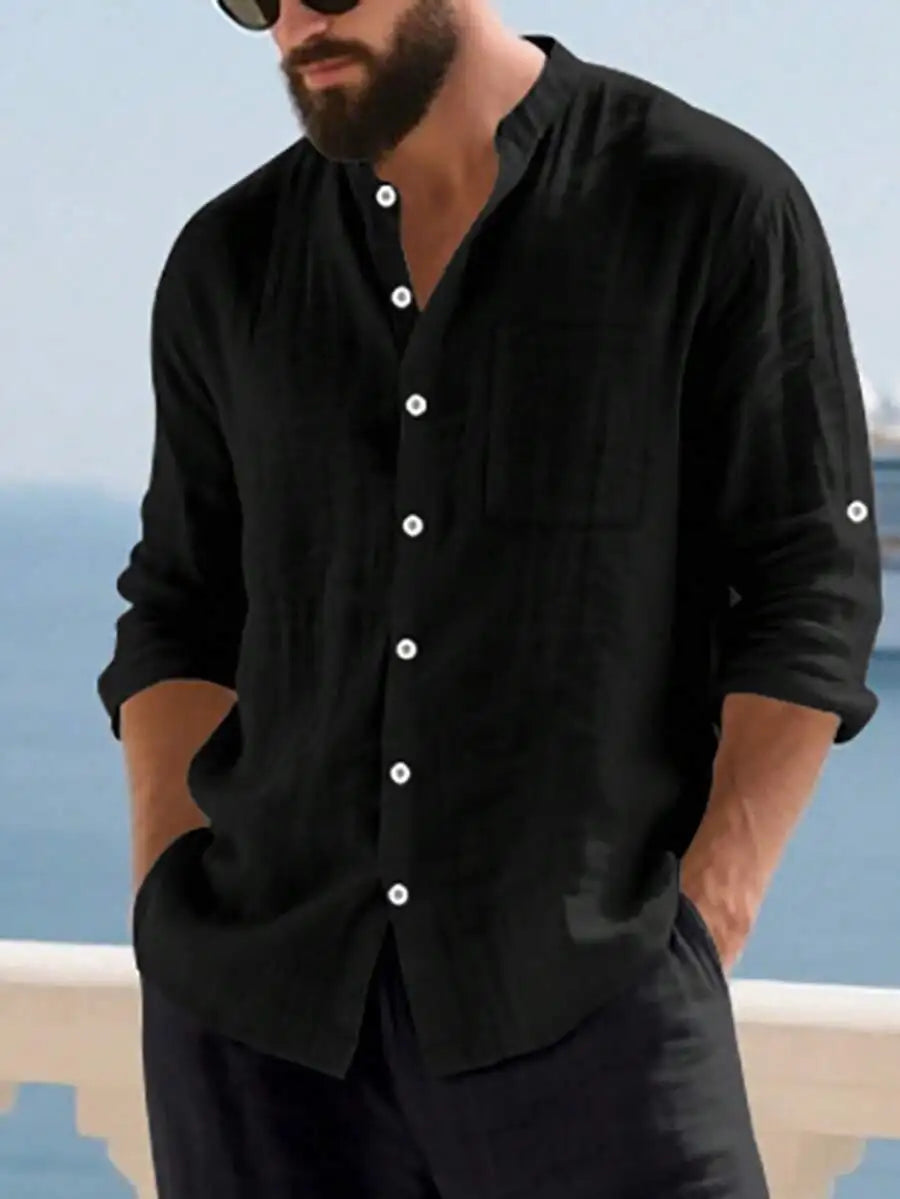 Mens Linen Stand Collar Long Sleeve Shirt Breathable Casual Beachwear