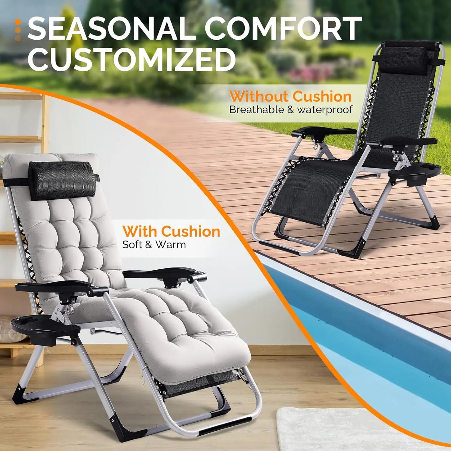 Padded Zero Gravity Patio Chair With Removable Cushion And Tray