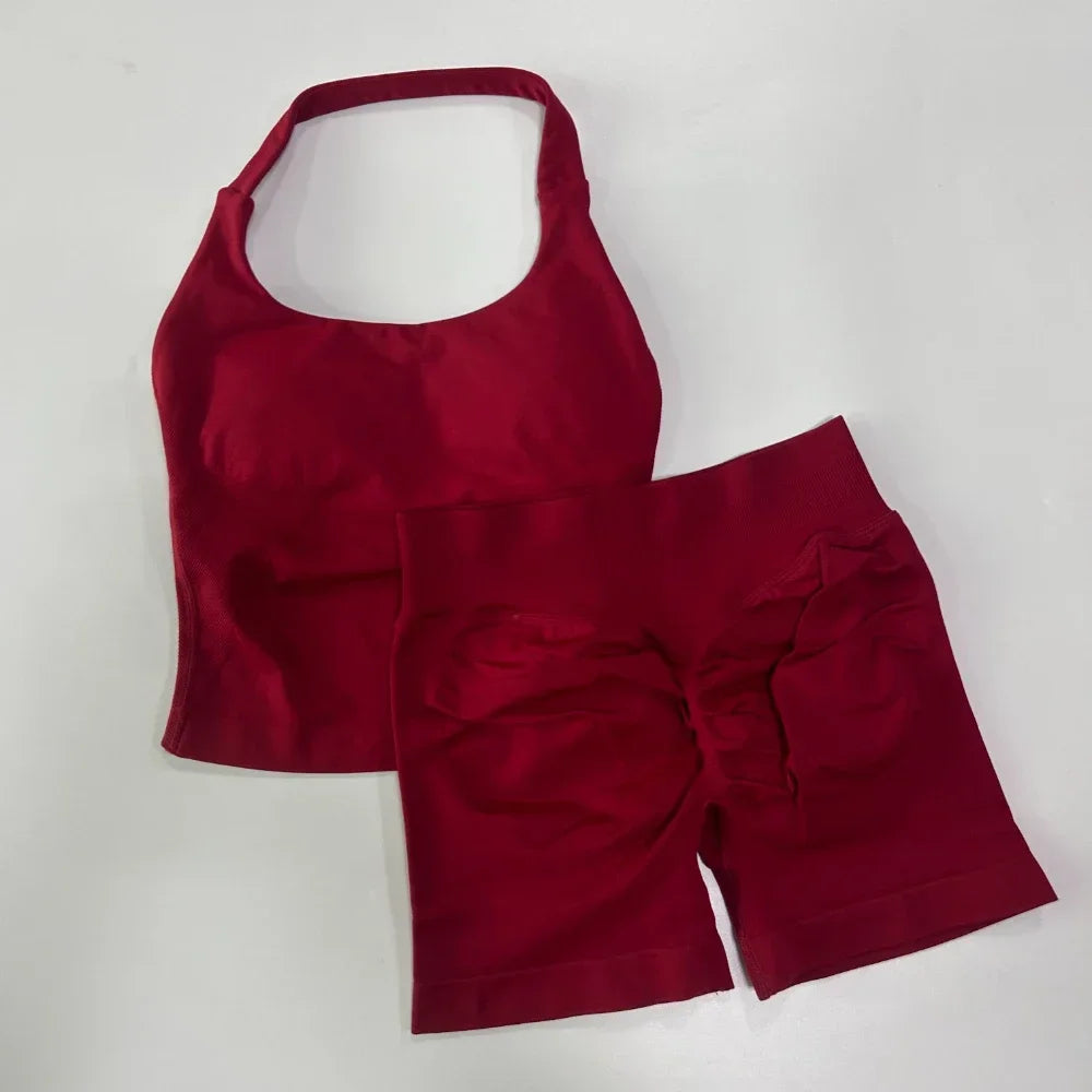 SKINOFSKIN Yoga 2-Piece Set Women Seamless Backless Halter Top Shorts