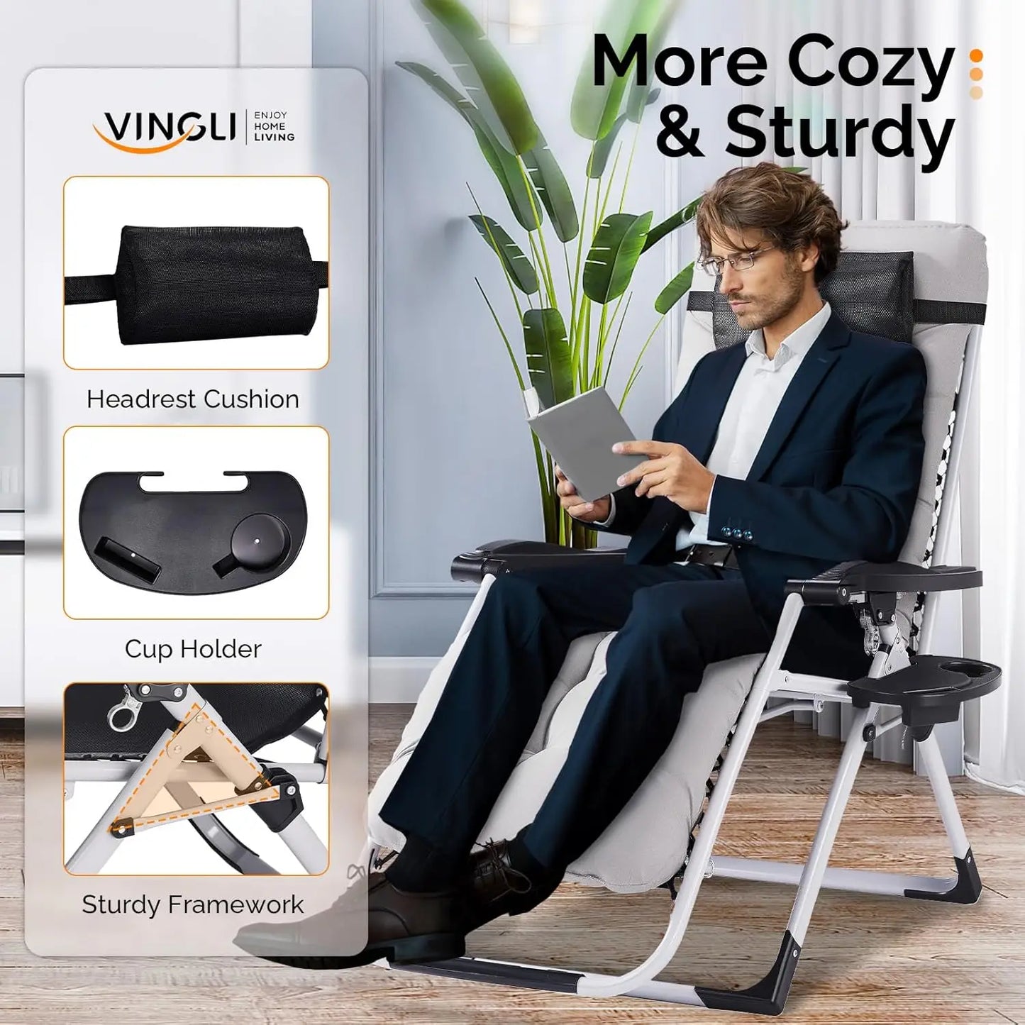 Padded Zero Gravity Patio Chair With Removable Cushion And Tray