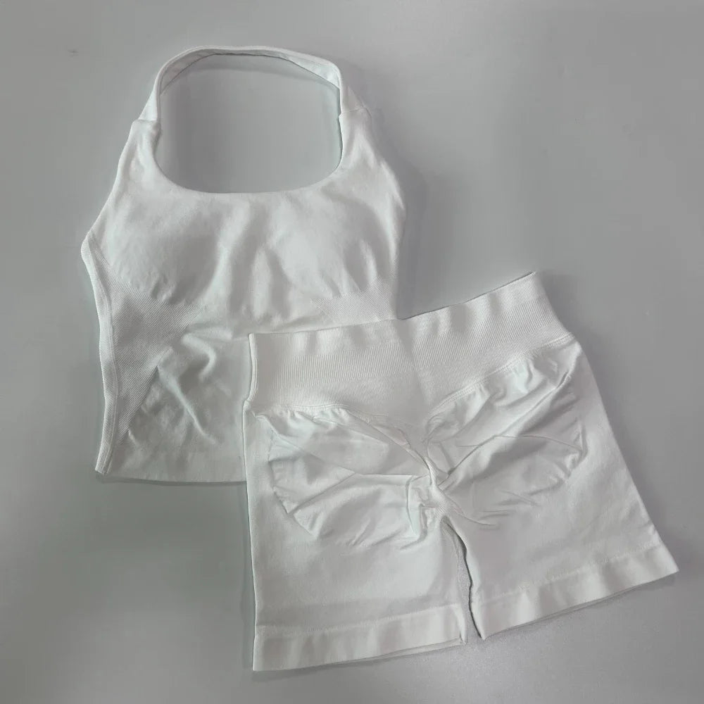SKINOFSKIN Yoga 2-Piece Set Women Seamless Backless Halter Top Shorts