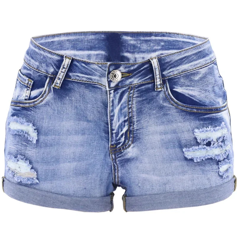 Women's Split Denim Shorts Mid Waist Elastic Curled Cuff Slim Fit Casual