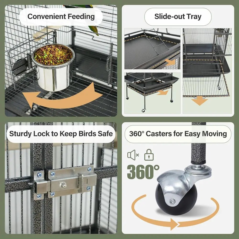 Wrought Iron Parrot Cage With Rolling Stand For Indoor Use