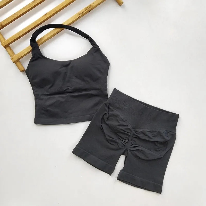 SKINOFSKIN Yoga 2-Piece Set Women Seamless Backless Halter Top Shorts