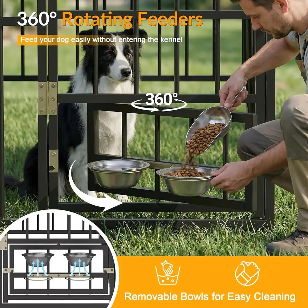 Heavy-Duty Outdoor Dog Kennel With Waterproof Cover And Rotating Bowls