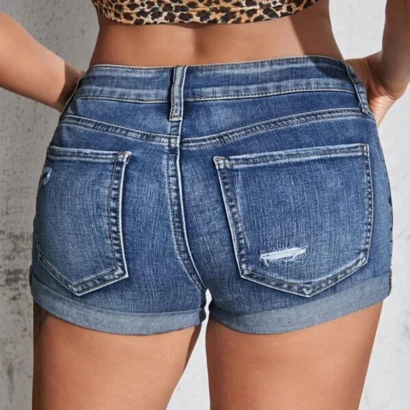 Women's Split Denim Shorts Mid Waist Elastic Curled Cuff Slim Fit Casual