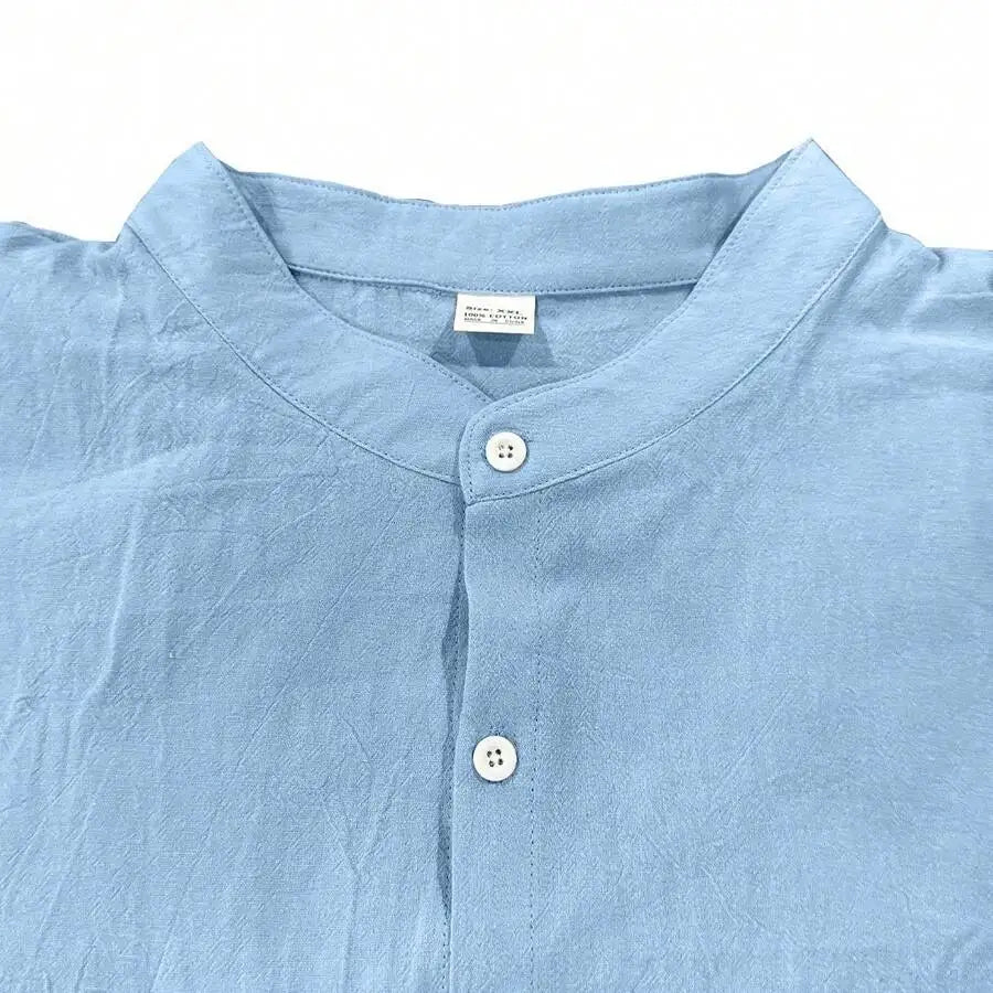 Mens Linen Stand Collar Long Sleeve Shirt Breathable Casual Beachwear