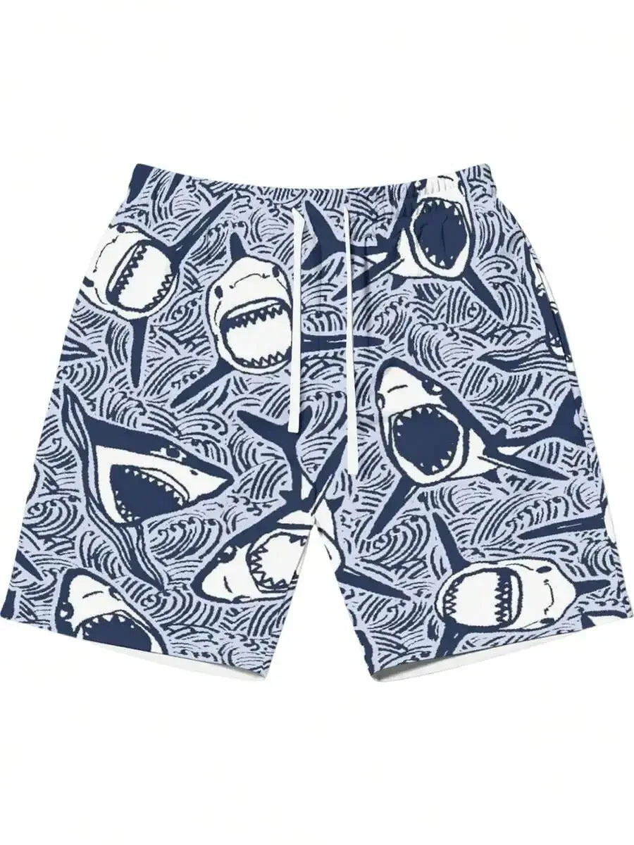 Shark Print Ocean Wave Beach Shorts For Men