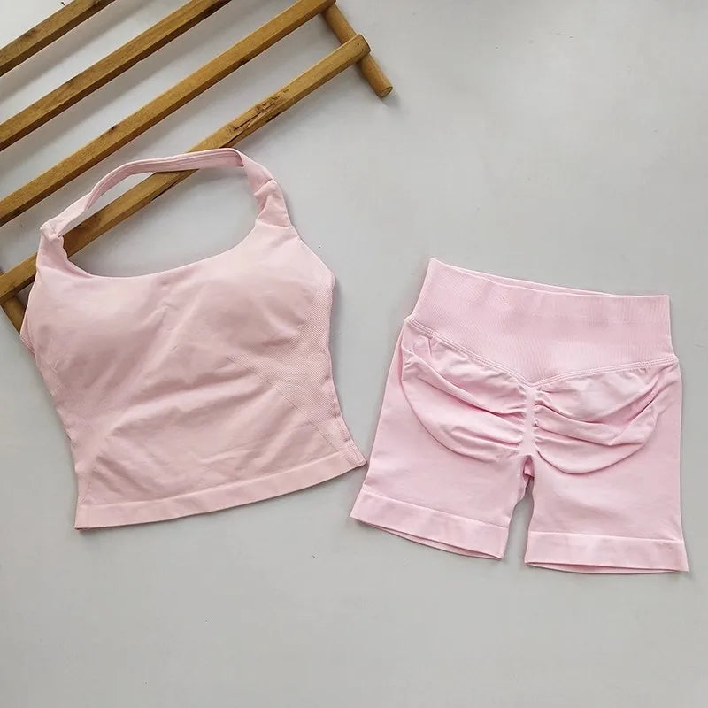 SKINOFSKIN Yoga 2-Piece Set Women Seamless Backless Halter Top Shorts