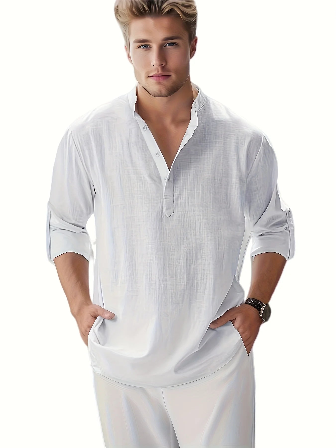 Men's Linen Stand Collar Long Sleeve Cotton Linen Shirt