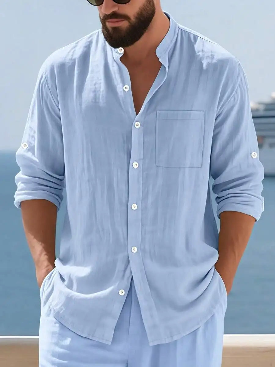 Mens Linen Stand Collar Long Sleeve Shirt Breathable Casual Beachwear