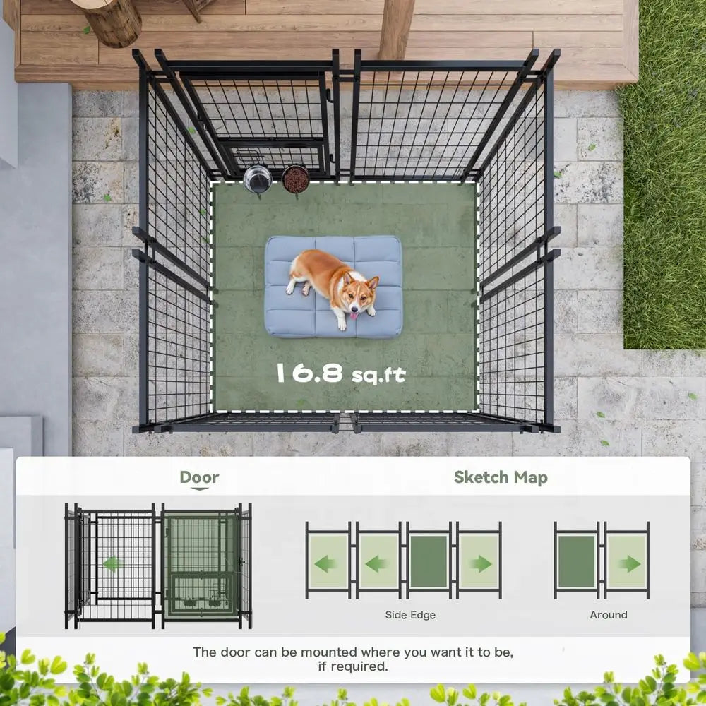 Sturdy Steel Outdoor Kennel With Lockable Door And Rotating Bowls