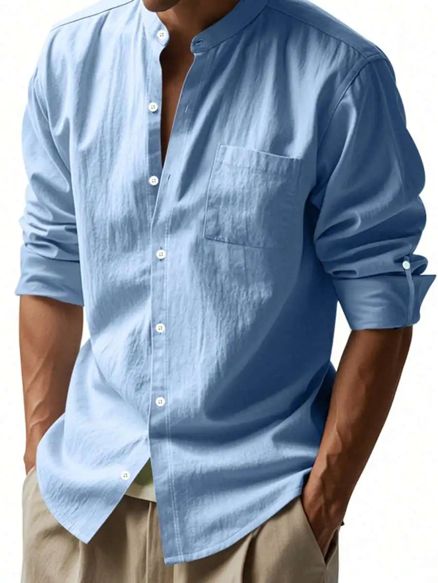 Mens Linen Stand Collar Long Sleeve Shirt Breathable Casual Beachwear