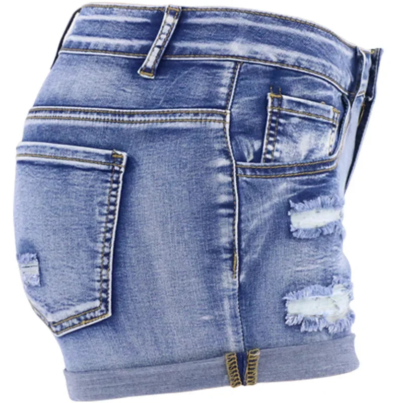 Women's Split Denim Shorts Mid Waist Elastic Curled Cuff Slim Fit Casual