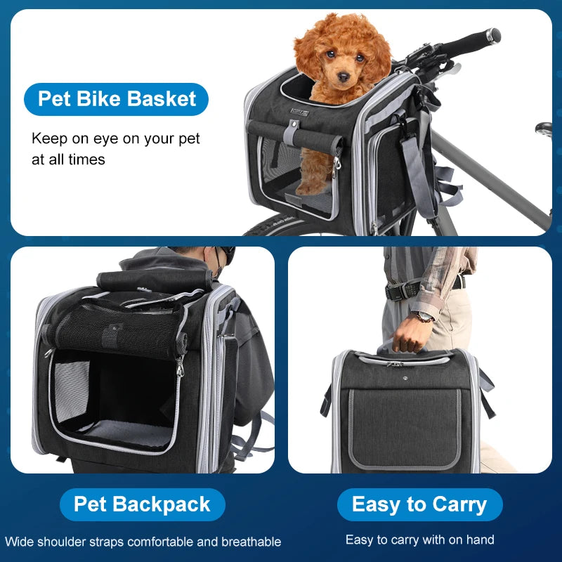 Fuled Dog Cat Bike Basket Carrier Expandable Soft Sided Backpack