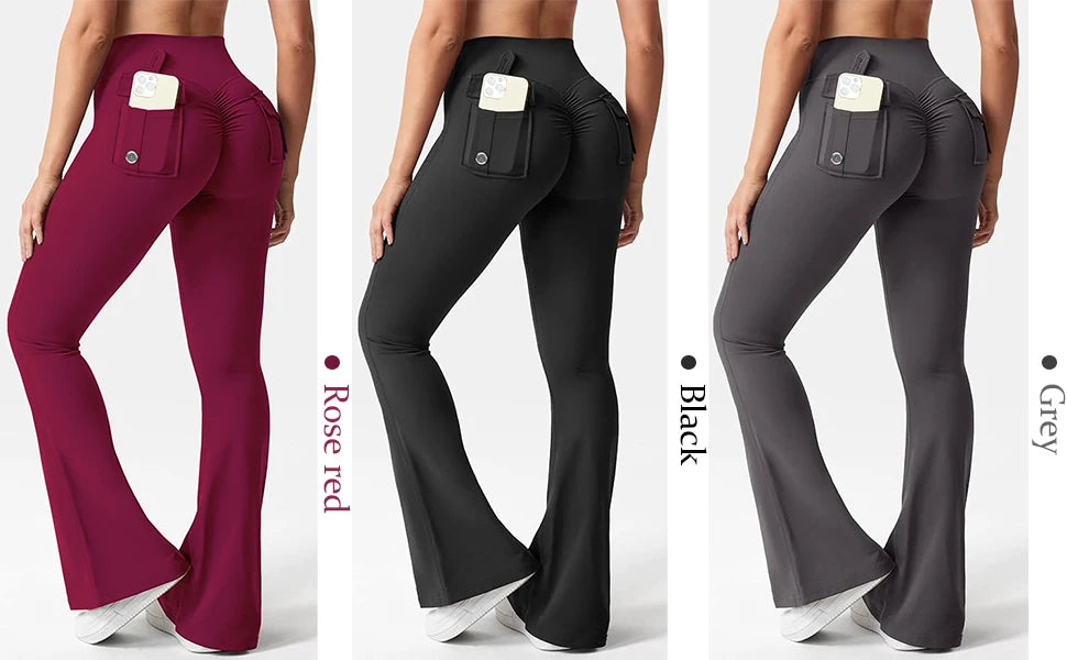 Women's Yoga Flare Trousers High-Waisted Tummy-Control Wide-Leg Pockets
