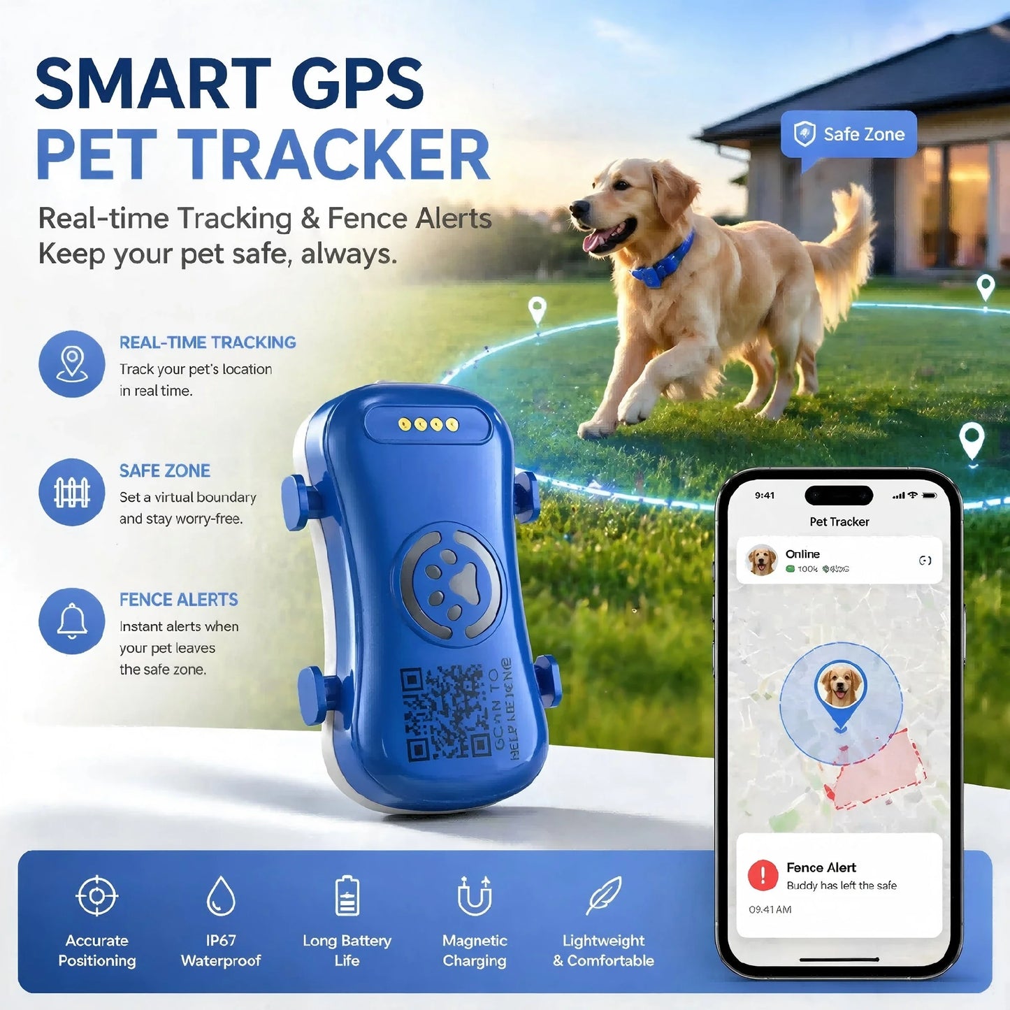 WANWAYTECH GPS Pet Tracker 4G Real Time Location IP67 Waterproof