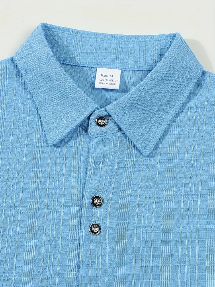 Men's Polyester Textured Short Sleeve Shirt With Turn Down Collar