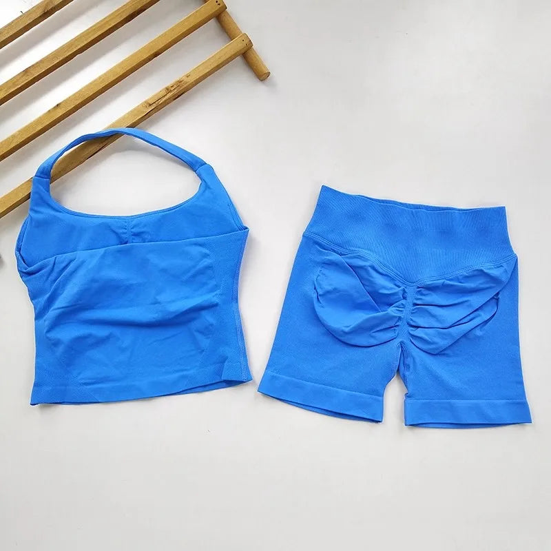 SKINOFSKIN Yoga 2-Piece Set Women Seamless Backless Halter Top Shorts