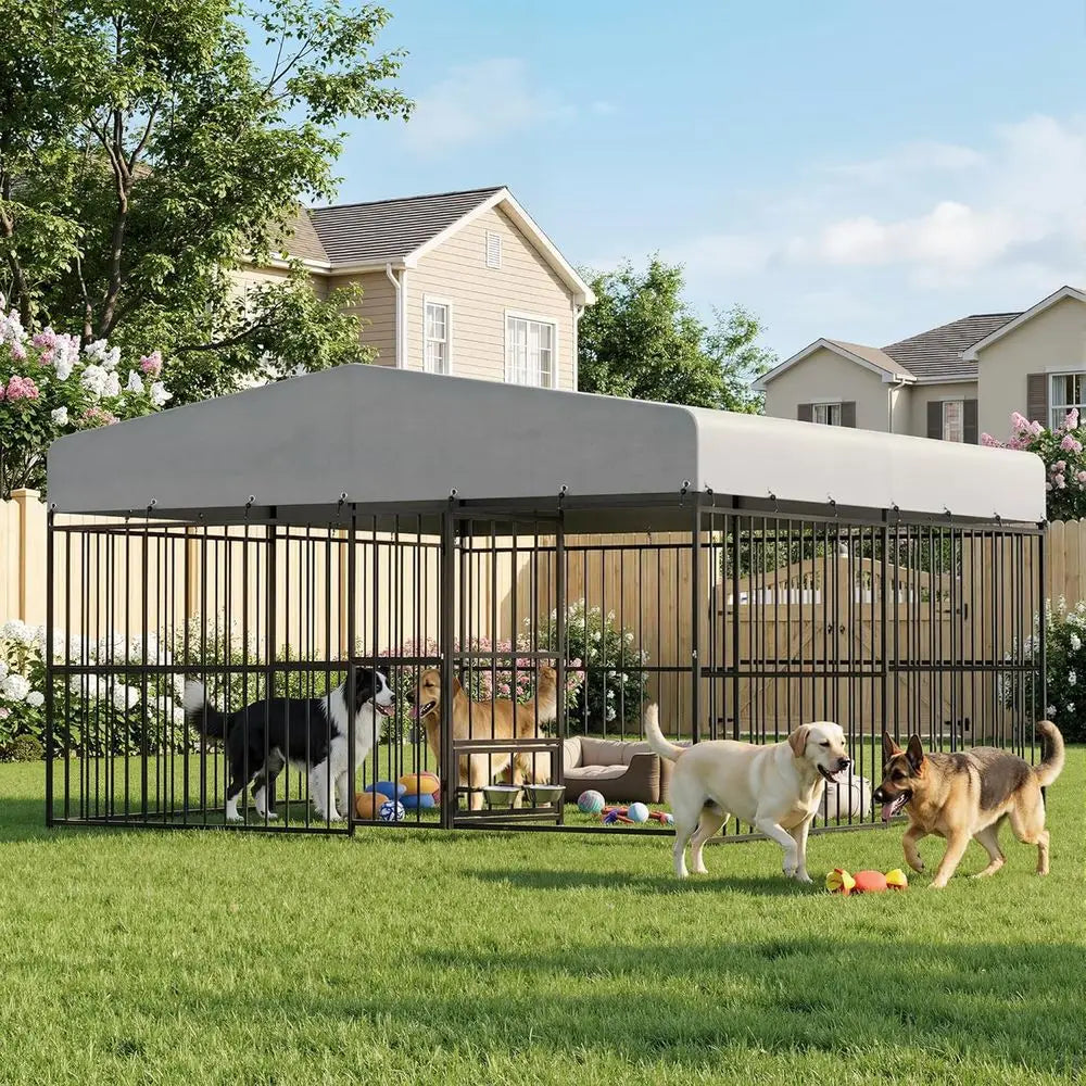 Heavy-Duty Outdoor Dog Kennel With Waterproof Cover And Rotating Bowls