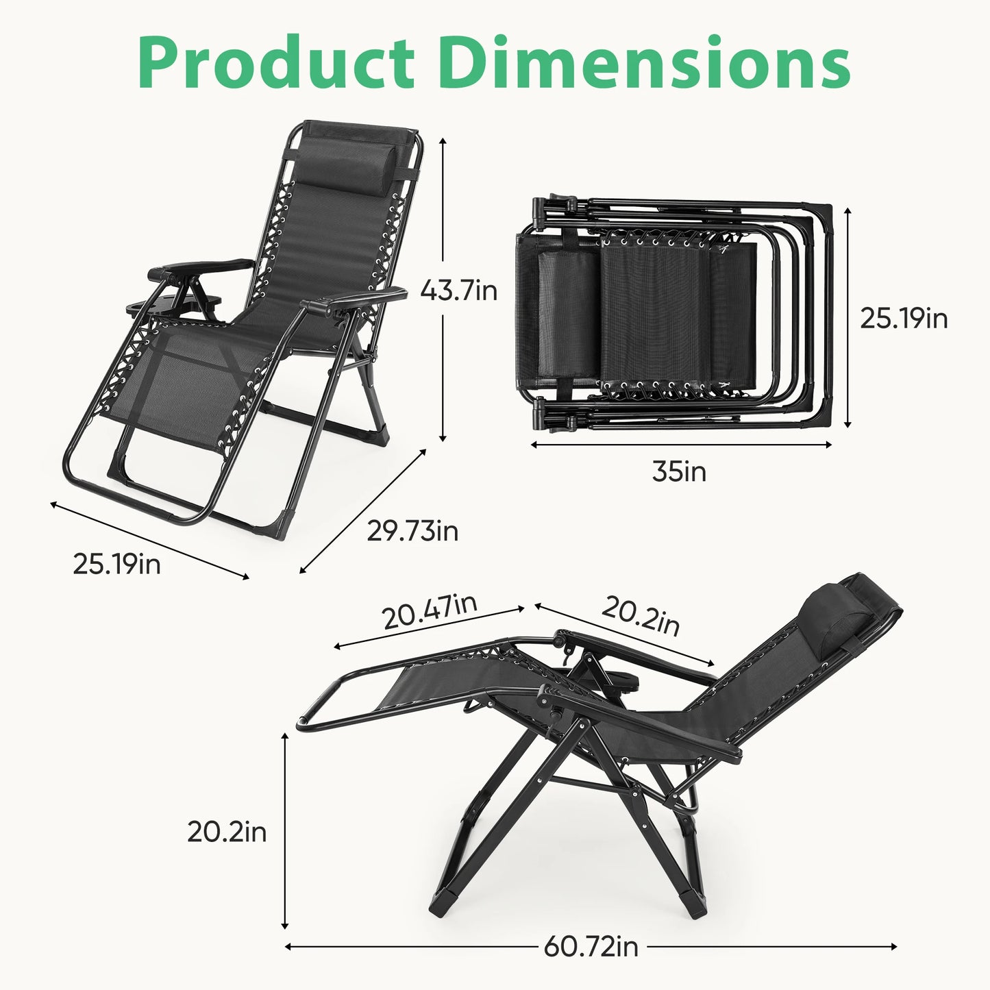 JHK Portable Zero Gravity Recliner Chairs Set of 2 With Cup Holder Trays