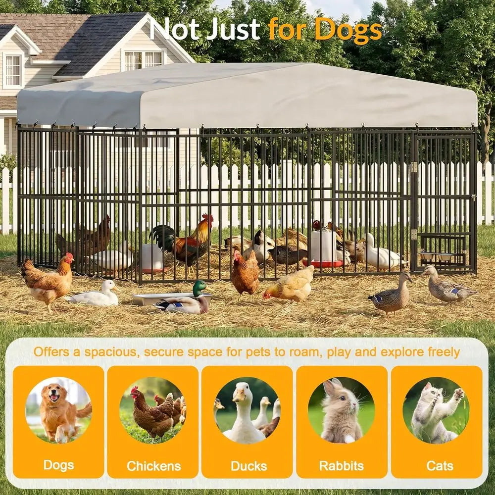 Heavy-Duty Outdoor Dog Kennel With Waterproof Cover And Rotating Bowls