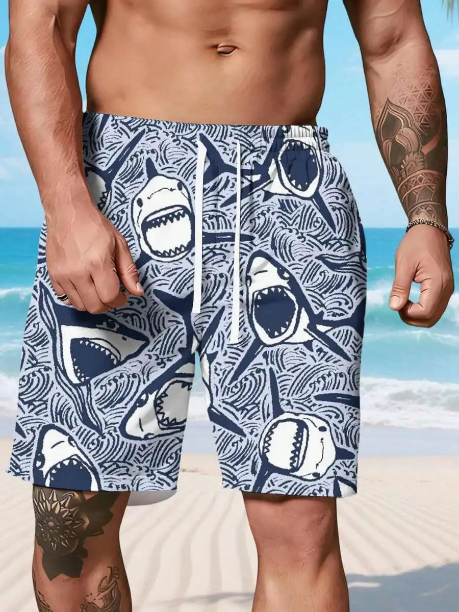Shark Print Ocean Wave Beach Shorts For Men