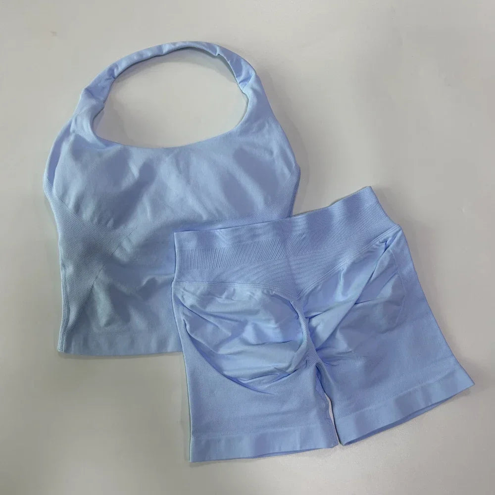 SKINOFSKIN Yoga 2-Piece Set Women Seamless Backless Halter Top Shorts