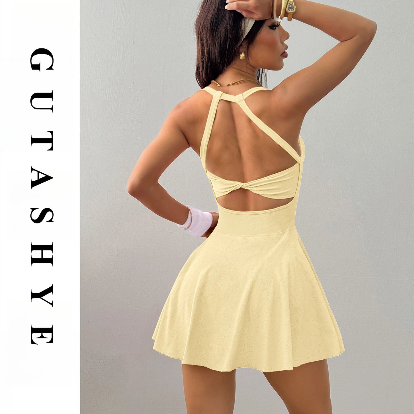 GUTASHYE Women Yoga Tennis Dress With Pockets Quick Dry Breathable