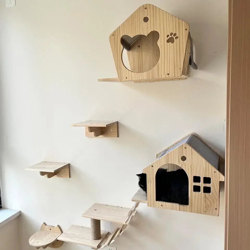 Qlfyuu Wooden Cat Climbing Shelf Wall Mounted Scratching Post