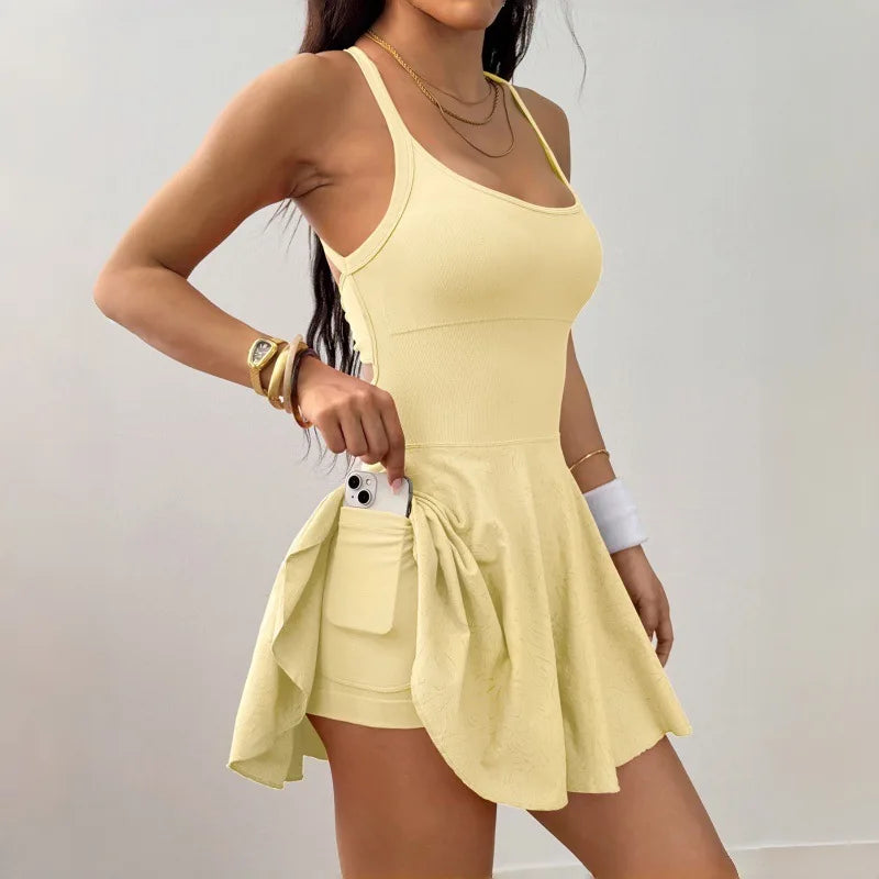 GUTASHYE Women Yoga Tennis Dress With Pockets Quick Dry Breathable