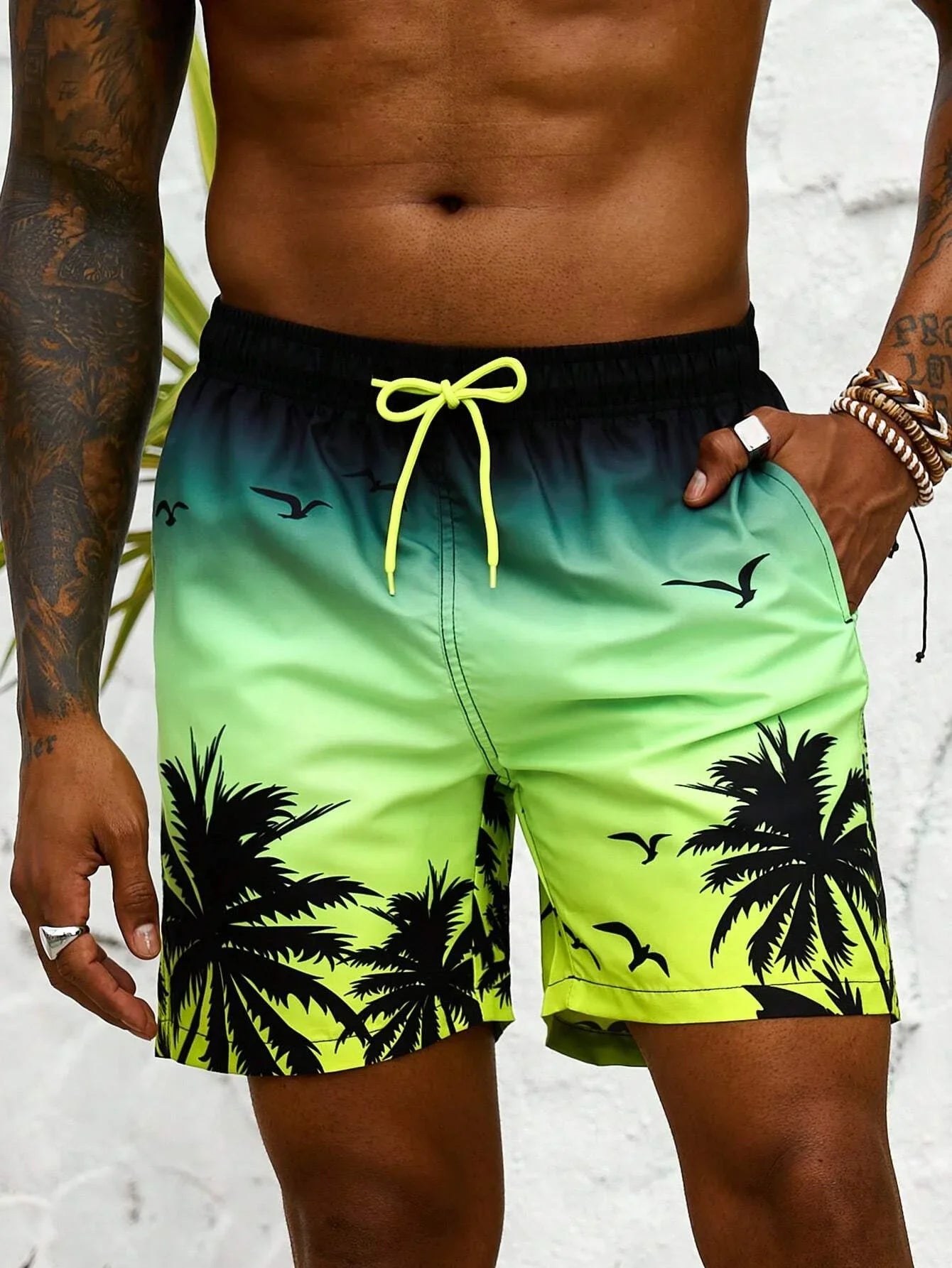 Summer Vacation Palm Tree Print Drawstring Board Shorts Breathable Streetwear